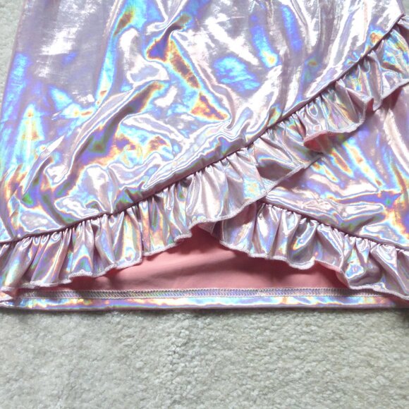 SHEIN pink shiny holographic ruffle mini skirt - Y2K style and festival ready! - Picture 3 of 10